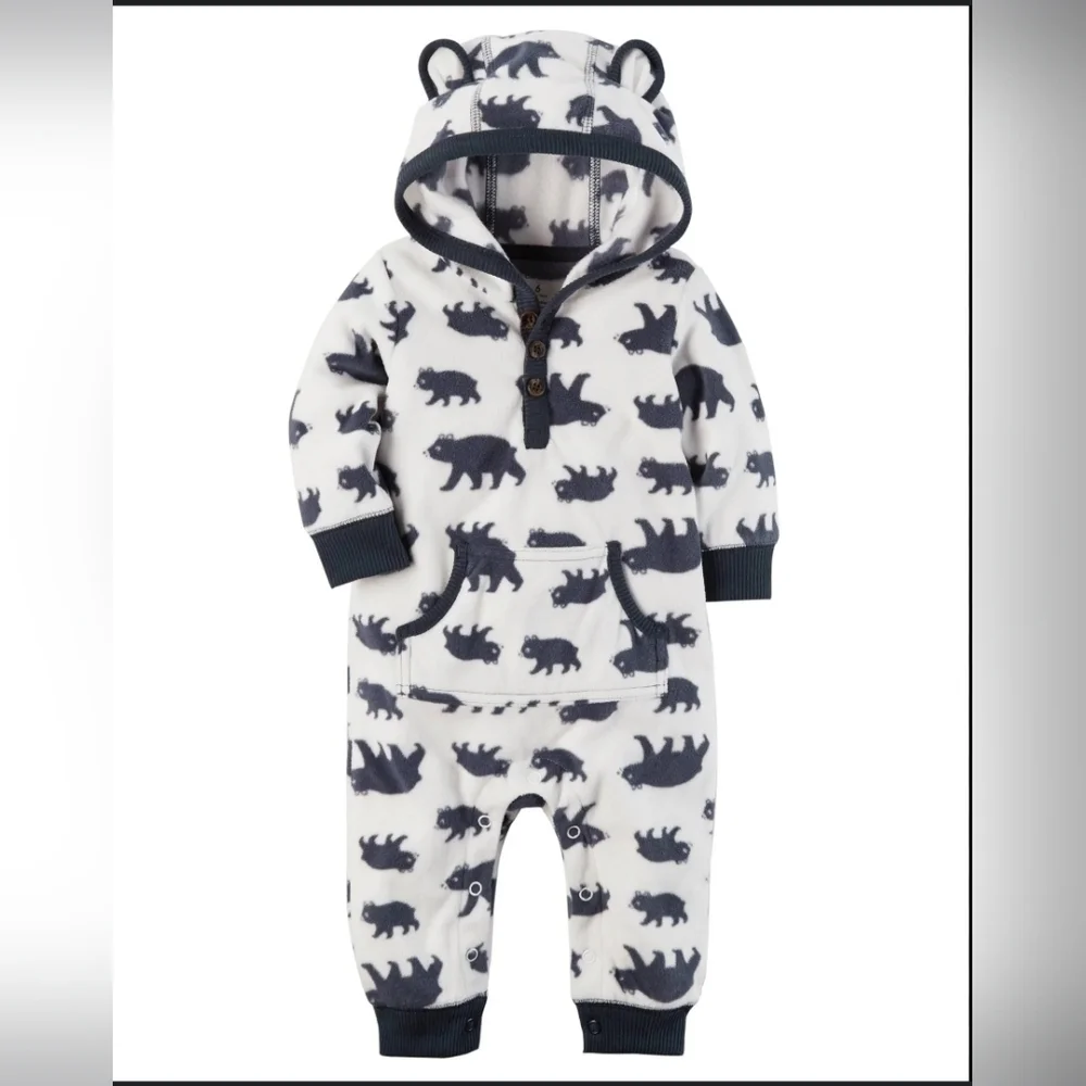 Carter's One Piece Fleece Hooded Jumper Jumpsuit White Blue Bears Size 12m EUC
